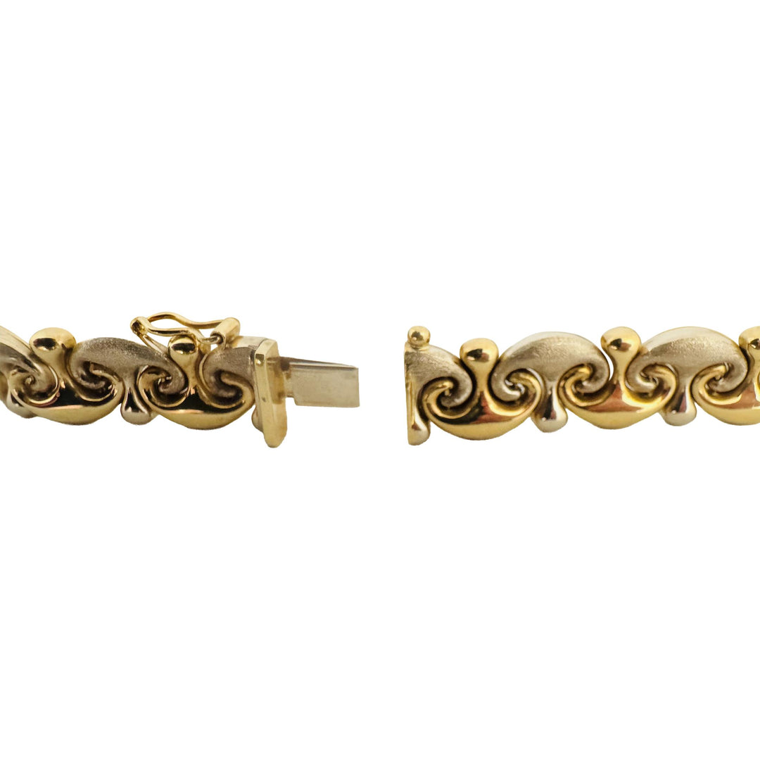 18k Yellow and White Gold 15g Ladies Vintage 9mm Fancy Link Bracelet Italy 7.5"