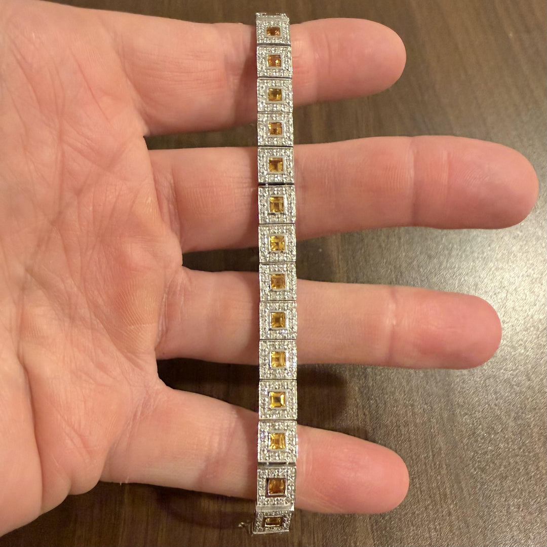 18k White Gold 2.25cttw Diamond and Citrine Square Link Bracelet 7"