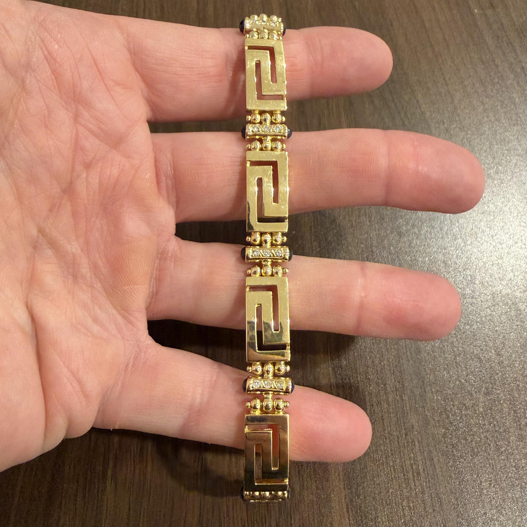 18k Yellow Gold Diamond and Sapphire 36.7g Greek Key Link Bracelet 7"