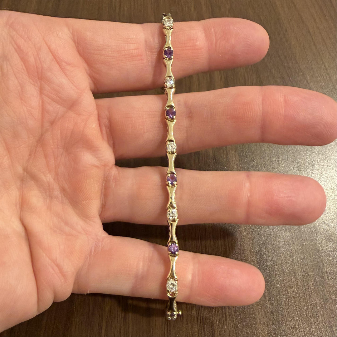 14k Yellow Gold Amethyst and 1.2cttw Diamond Bar Link Bracelet 7"