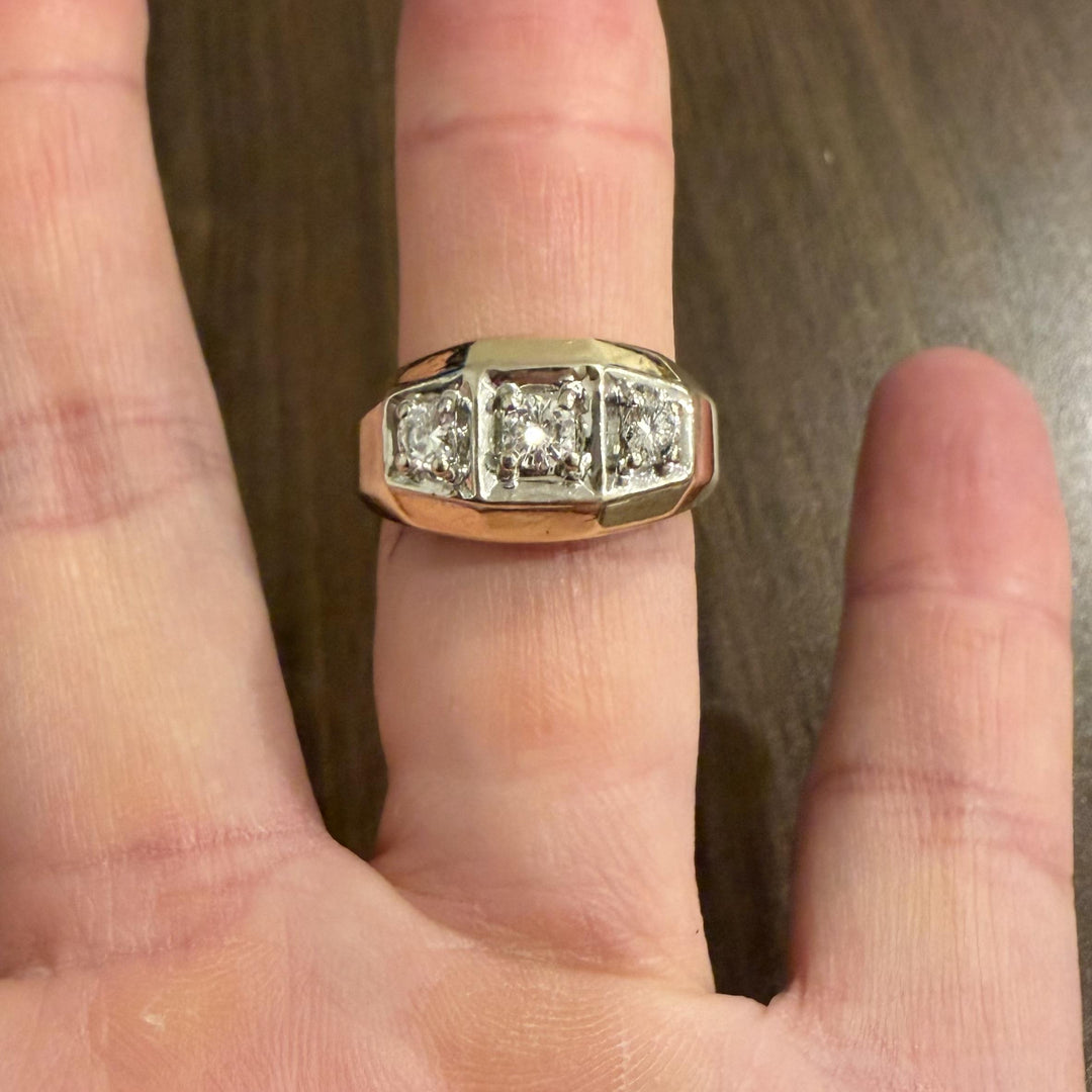 14k Yellow and White Gold 0.50cttw Three Diamond Solid Men's Ring Size 9.5