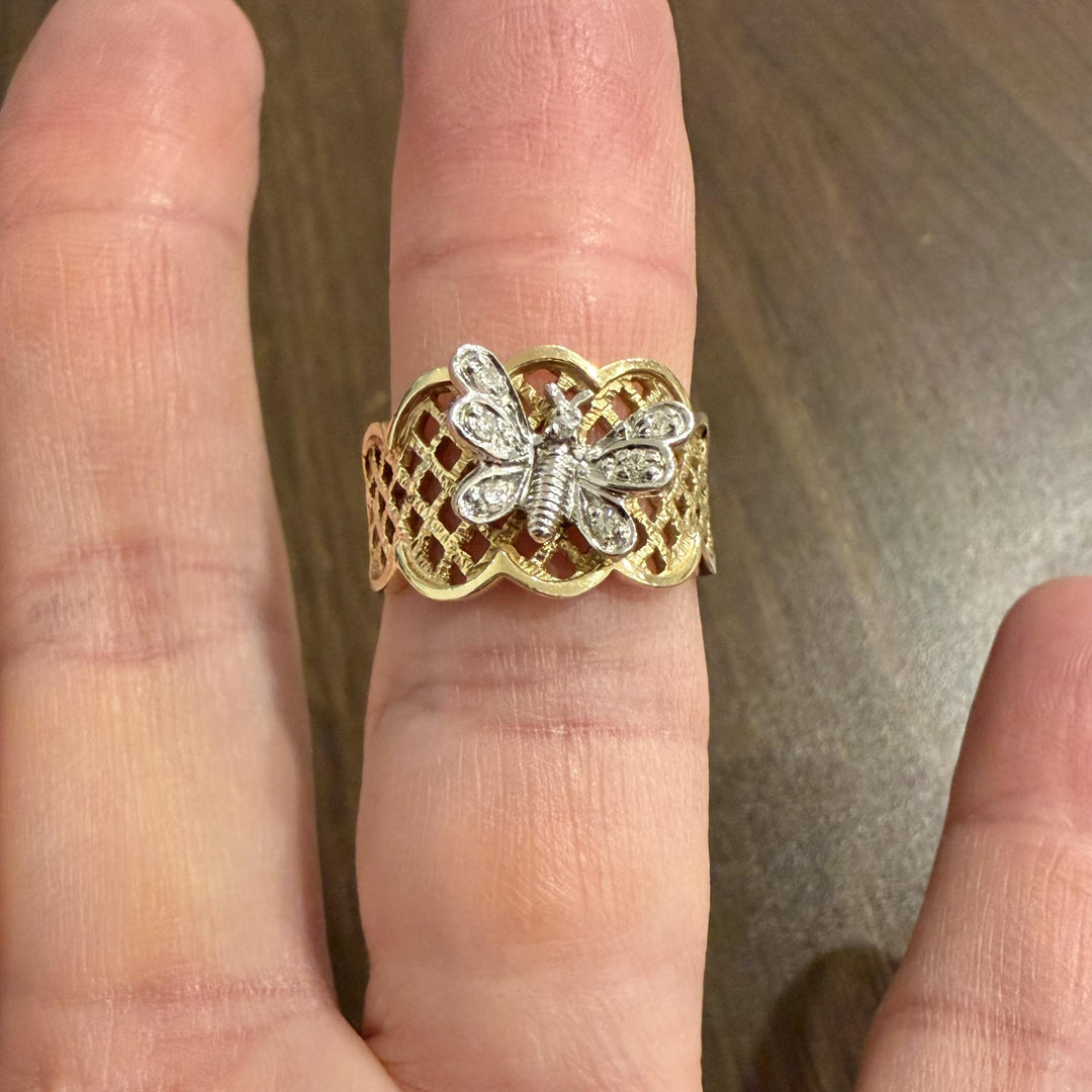 14k Yellow and White Gold Diamond Vintage Butterfly Ring Size 7.75