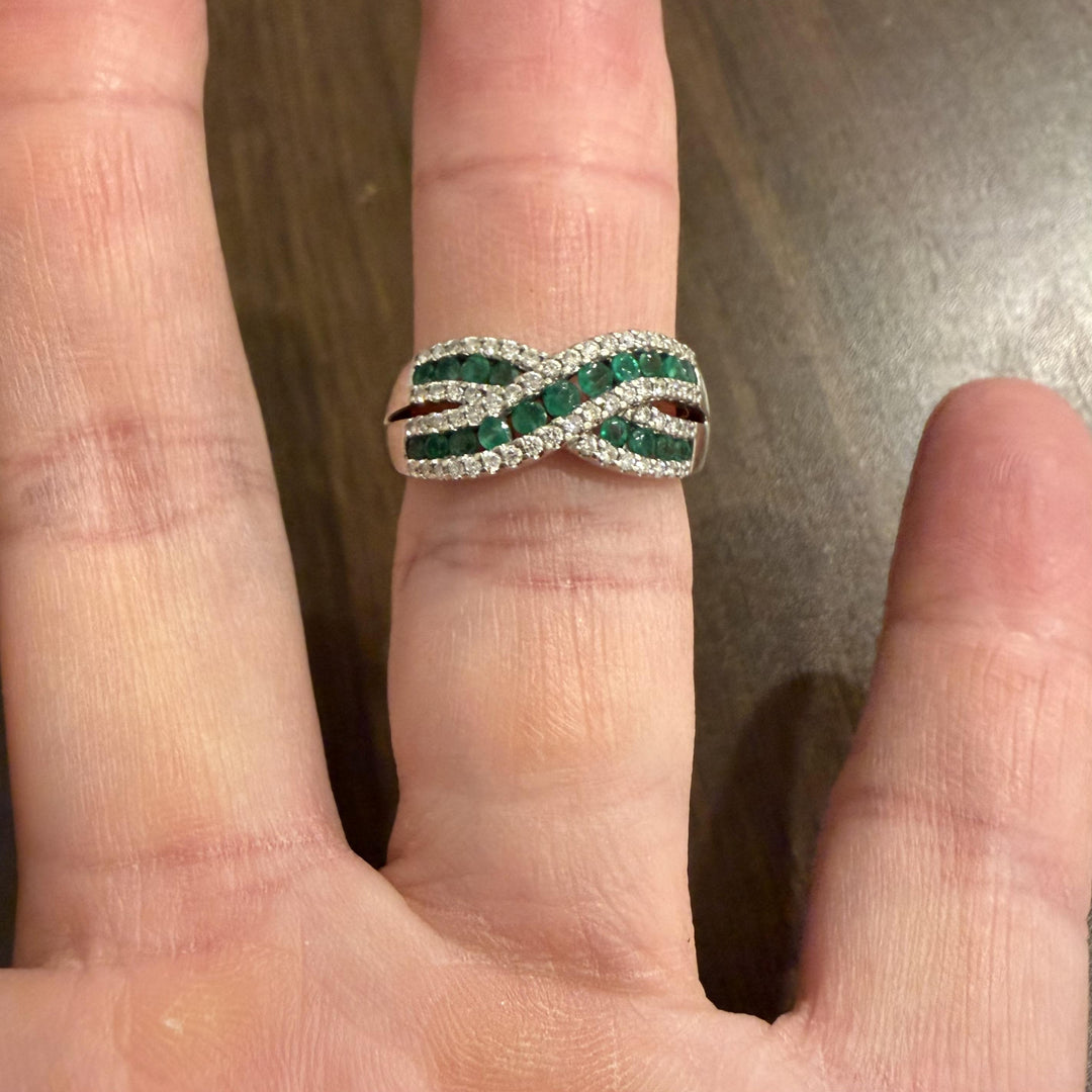 14k White Gold Emerald and 0.40cttw Diamond Crossover Band Ring Size 8