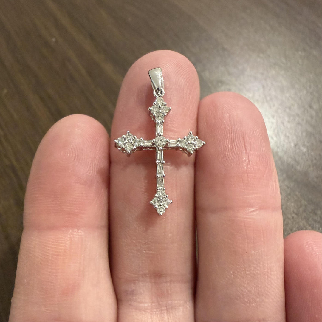 14k White Gold and 0.50cttw Round and Baguette Diamond Cross Pendant 1.25"