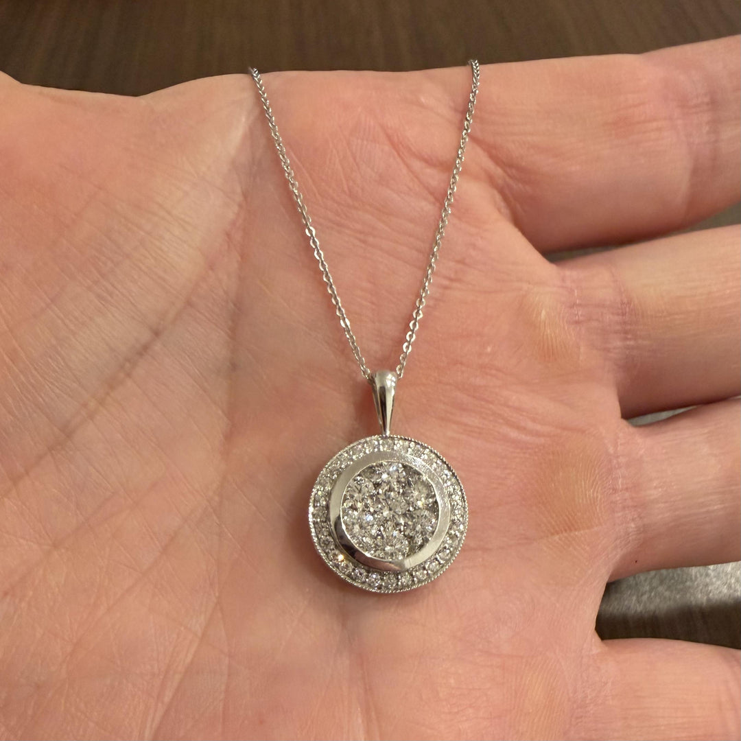 18k White Gold and 2cttw Diamond Circle Cluster Pendant Necklace 16"