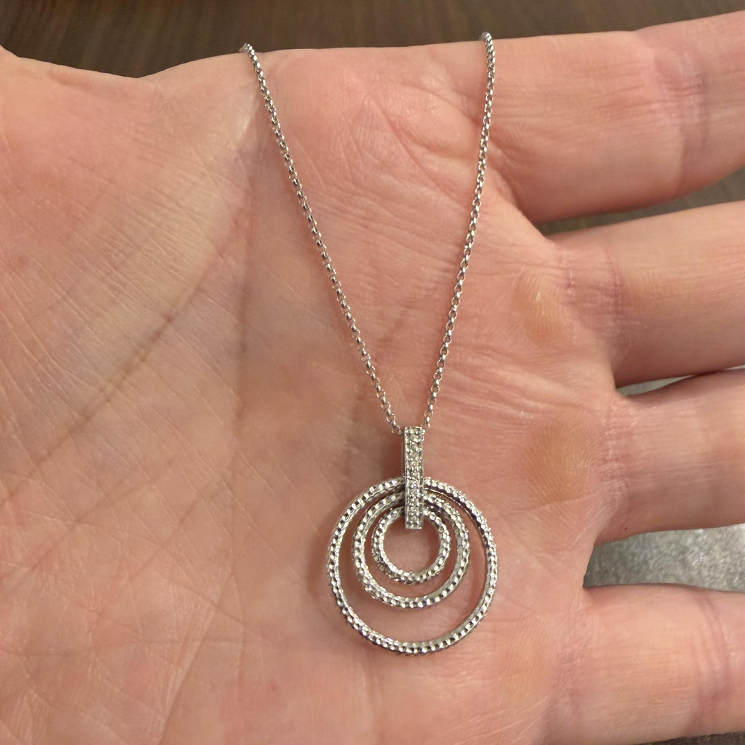 14k White Gold and Diamond Three Circle Articulated Pendant Necklace 16"