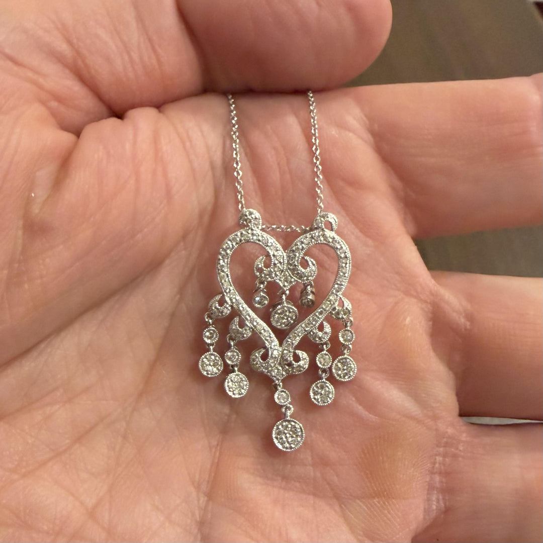 14k White Gold and 0.52cttw Diamond Vintage Filigree Dangle Pendant Necklace 18"