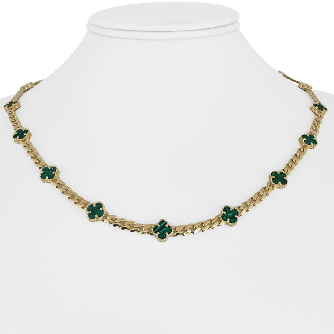 14k Yellow Gold 13g Malachite Clover Motif Curb Link Necklace 18"
