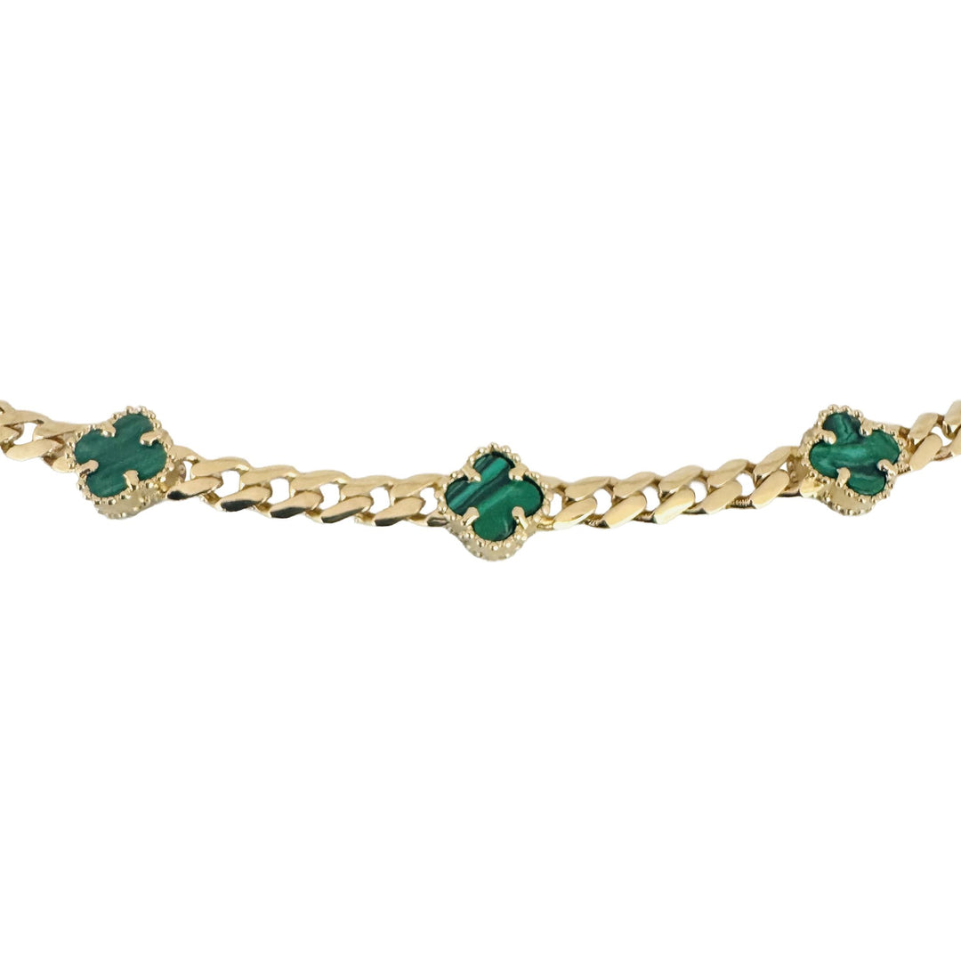 14k Yellow Gold 13g Malachite Clover Motif Curb Link Necklace 18"