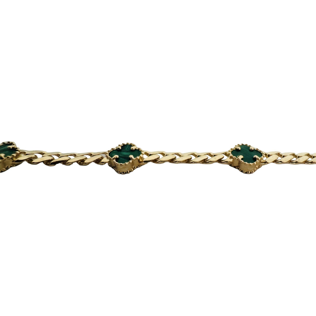 14k Yellow Gold 13g Malachite Clover Motif Curb Link Necklace 18"