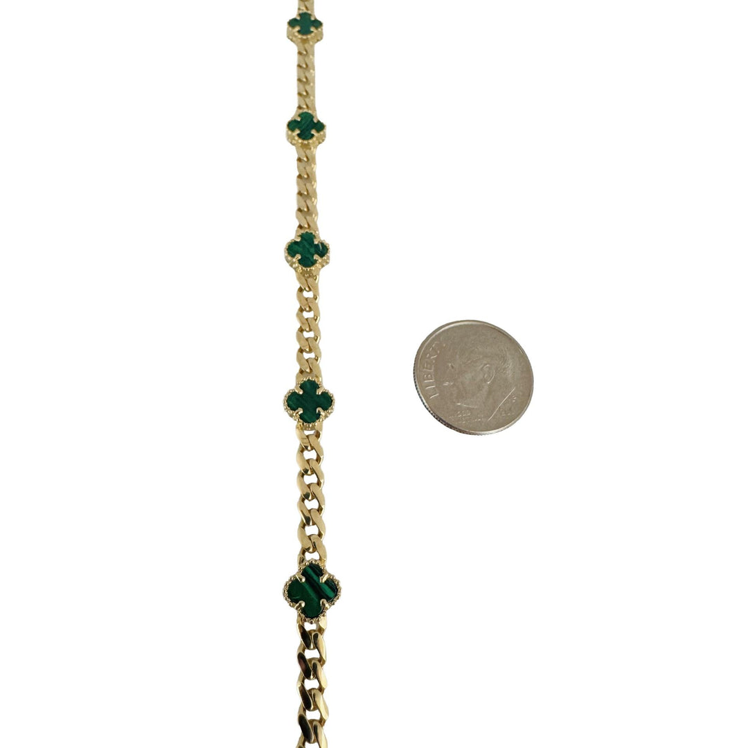 14k Yellow Gold 13g Malachite Clover Motif Curb Link Necklace 18"