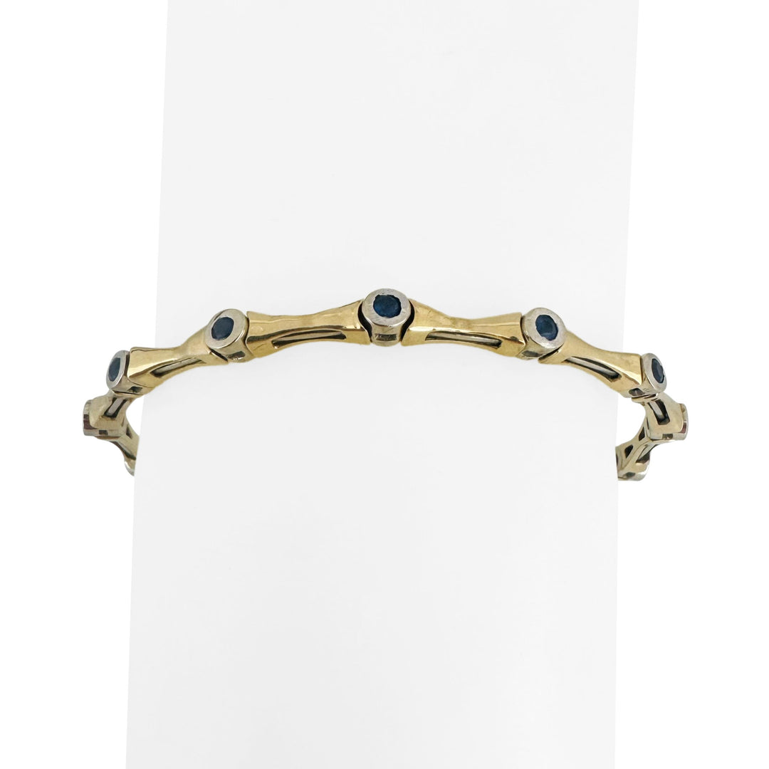 14k Two Tone Gold and Blue Sapphire 11.6g Flex Cuff Bangle 6.5"