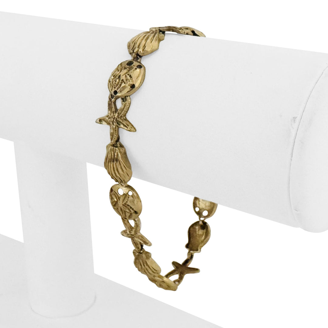 14k Yellow Gold 9.5g Diamond Cut Beach Ocean Charm Link Bracelet 7.25"
