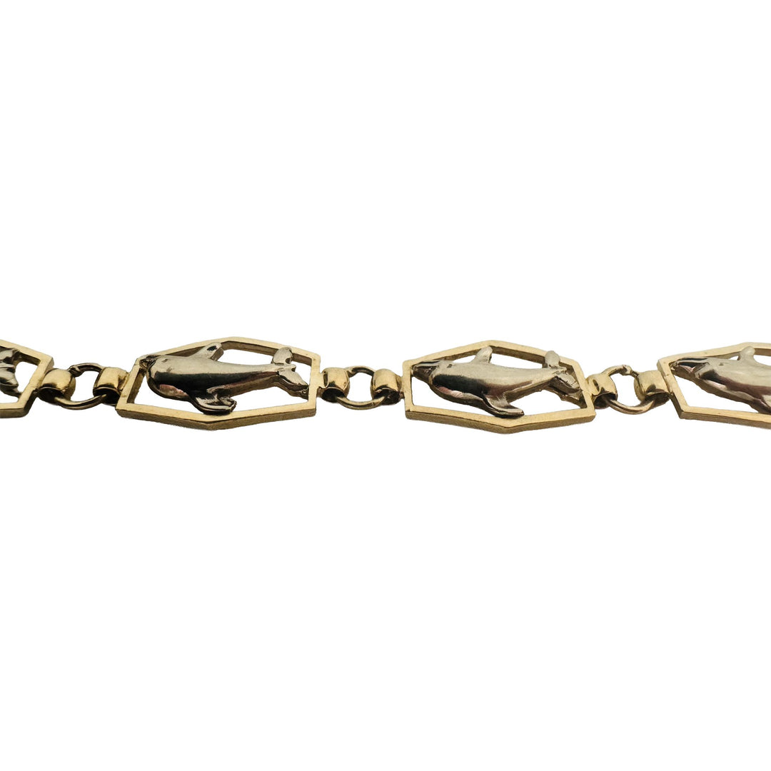 14k Yellow and White Gold 8.8g Ladies Fancy Dolphin Link Bracelet 7.5"