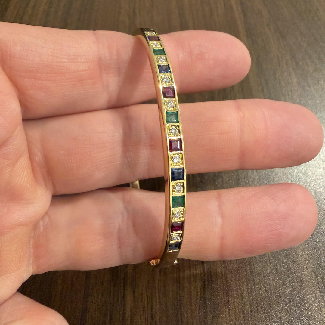 18k Yellow Gold 21.3g Multi Gemstone and Diamond Vintage Bangle Bracelet 7.5"
