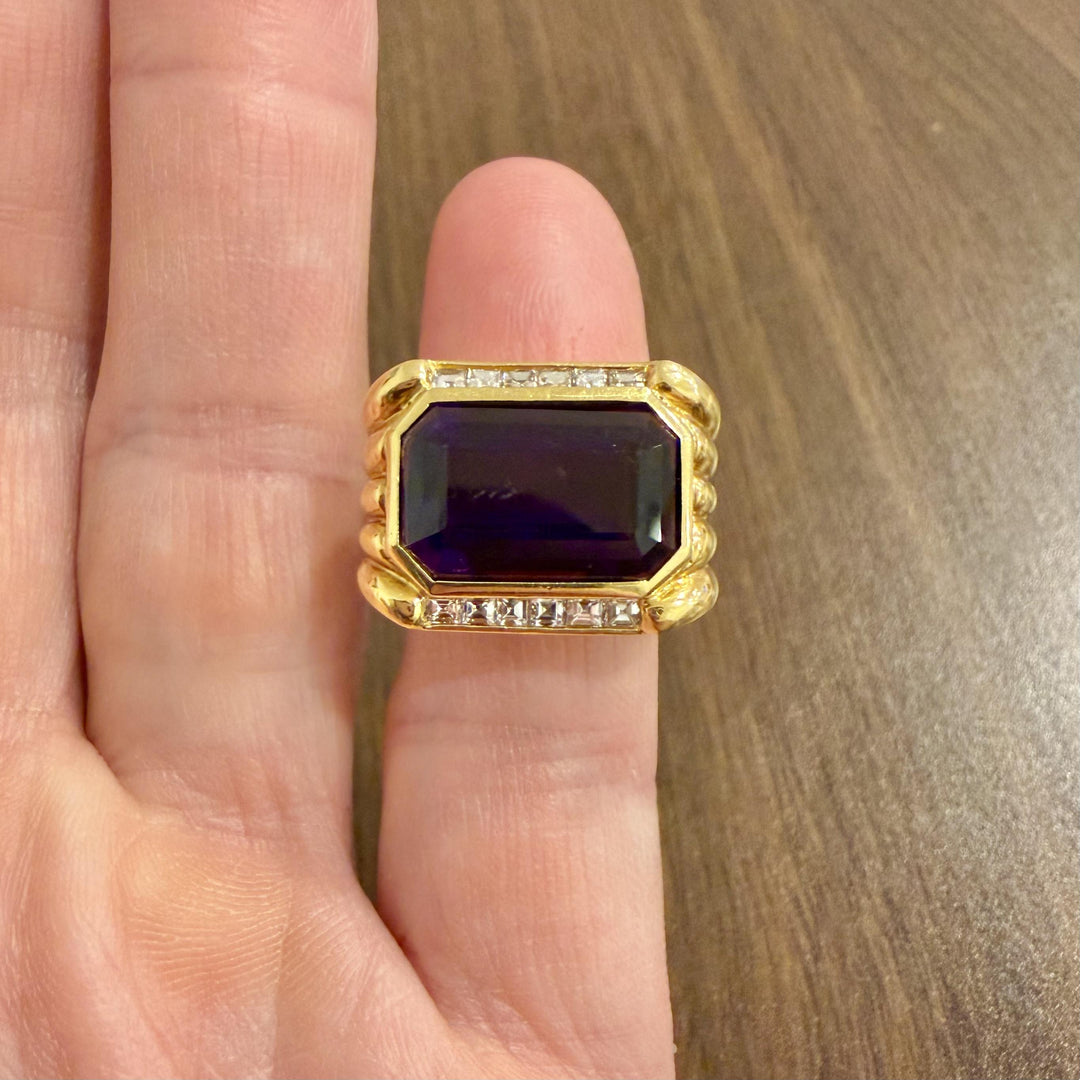 18k Yellow Gold 9.8ct Amethyst and 0.70cttw Diamond Heavy Ring Size 5