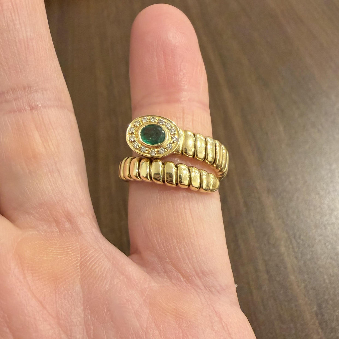 18k Yellow Gold Emerald and Diamond Flex Bypass Ring Italy Size 7