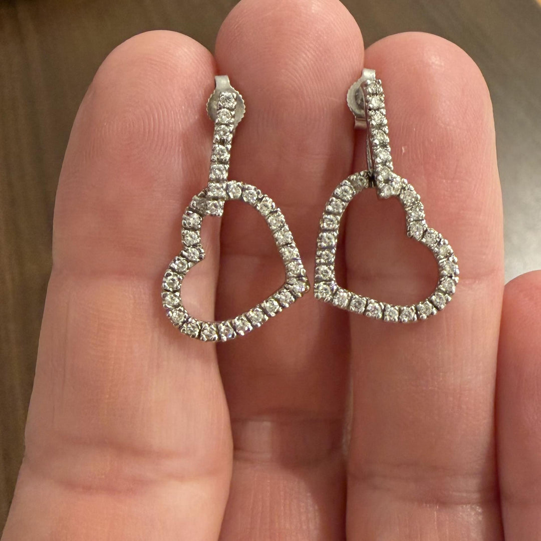 14k White Gold and 0.65cttw Diamond Heart Drop Dangle Earrings 1"