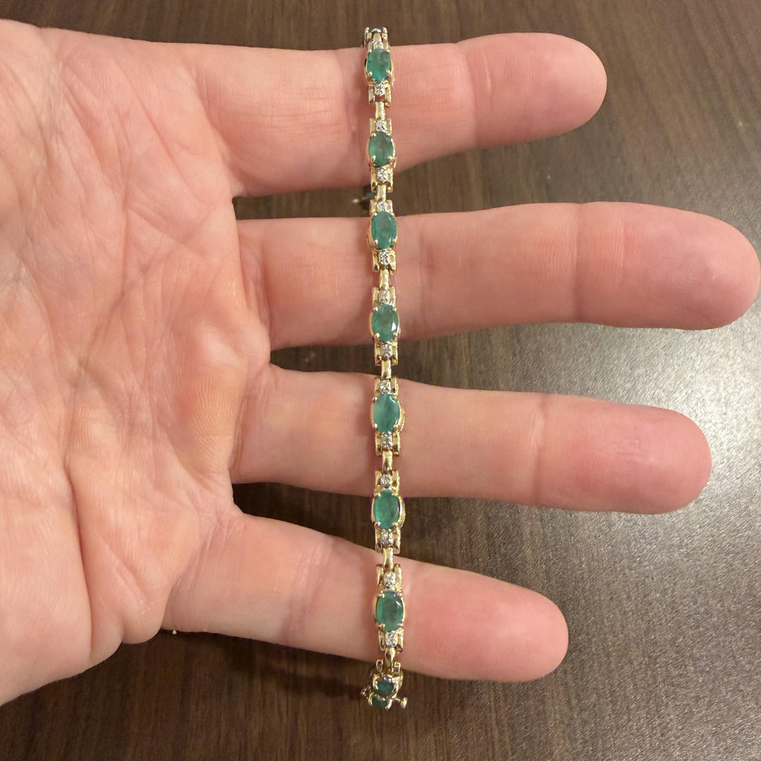 14k Yellow Gold Emerald and Diamond 10g Ladies Fancy Link Bracelet 7.5"