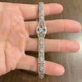 14k White Gold Diamond and Sapphire Vintage Intricate Filigree Link Bracelet 7"