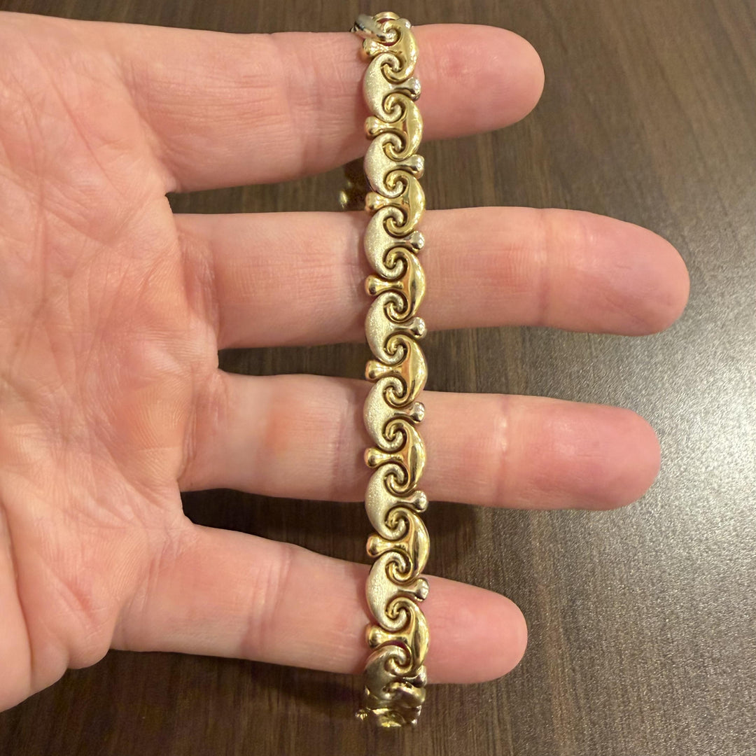 18k Yellow and White Gold 15g Ladies Vintage 9mm Fancy Link Bracelet Italy 7.5"