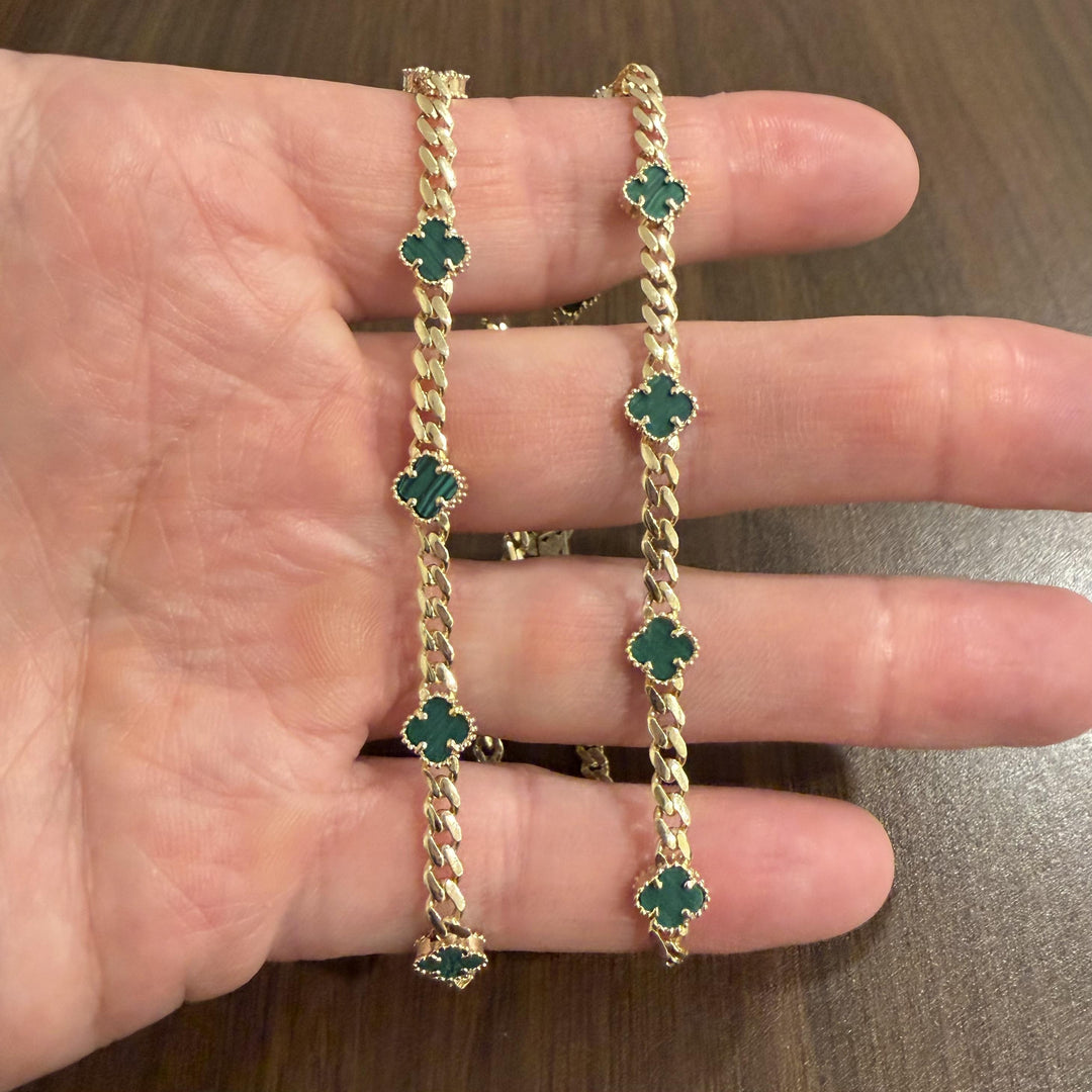 14k Yellow Gold 13g Malachite Clover Motif Curb Link Necklace 18"
