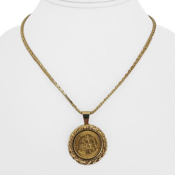 22k Gold Mexican Five Peso Coin and 18k Beaded Wheat Pendant Necklace 16