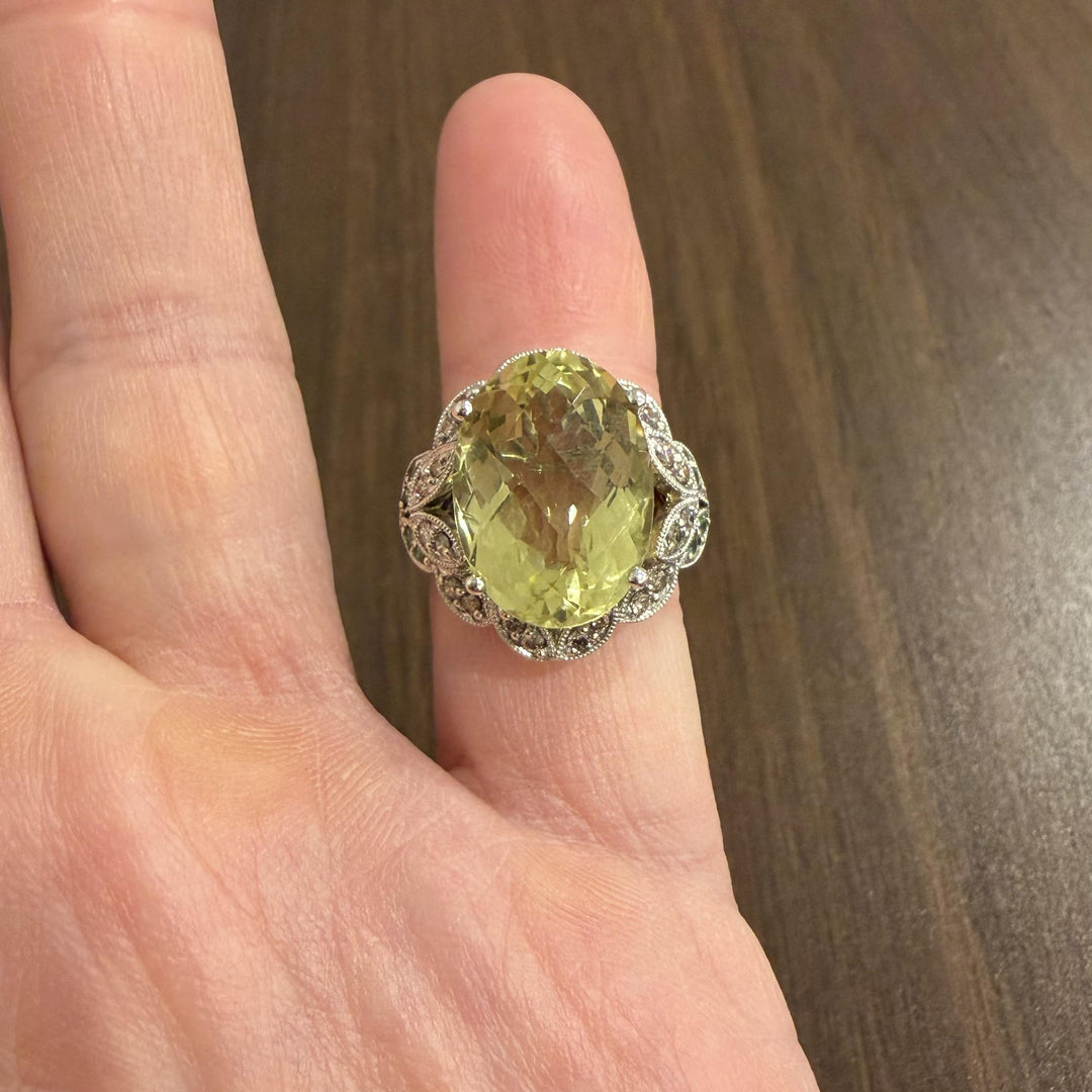 LeVian 14k White Gold Peridot Tsavorite and Diamond Large Ring Size 7.25