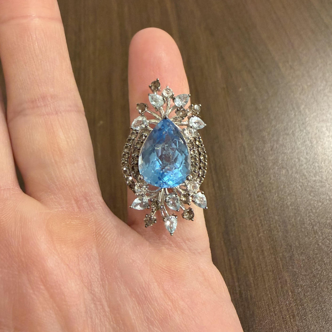 LeVian 14k White Gold Blue Topaz and Smoky Quartz Large Ring Size 7