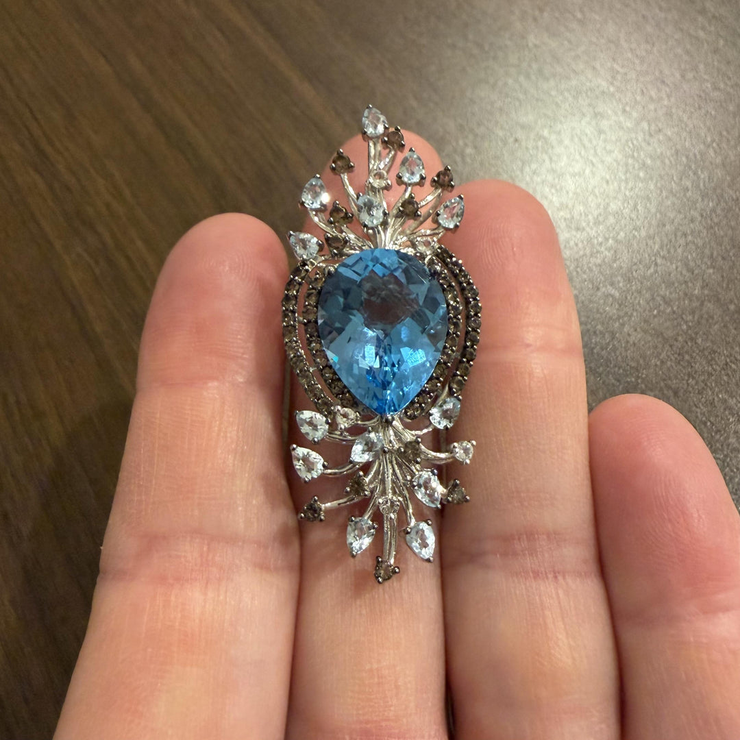 LeVian 14k White Gold Blue Topaz and Smoky Quartz Large Pendant 2.5"