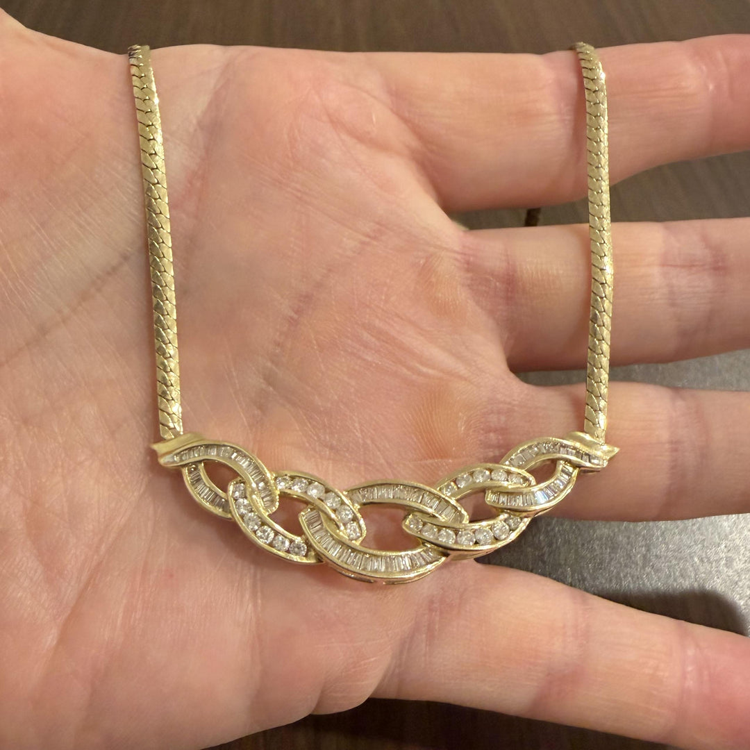 14k Yellow Gold and 2cttw Diamond Pendant Herringbone Link Necklace 18"