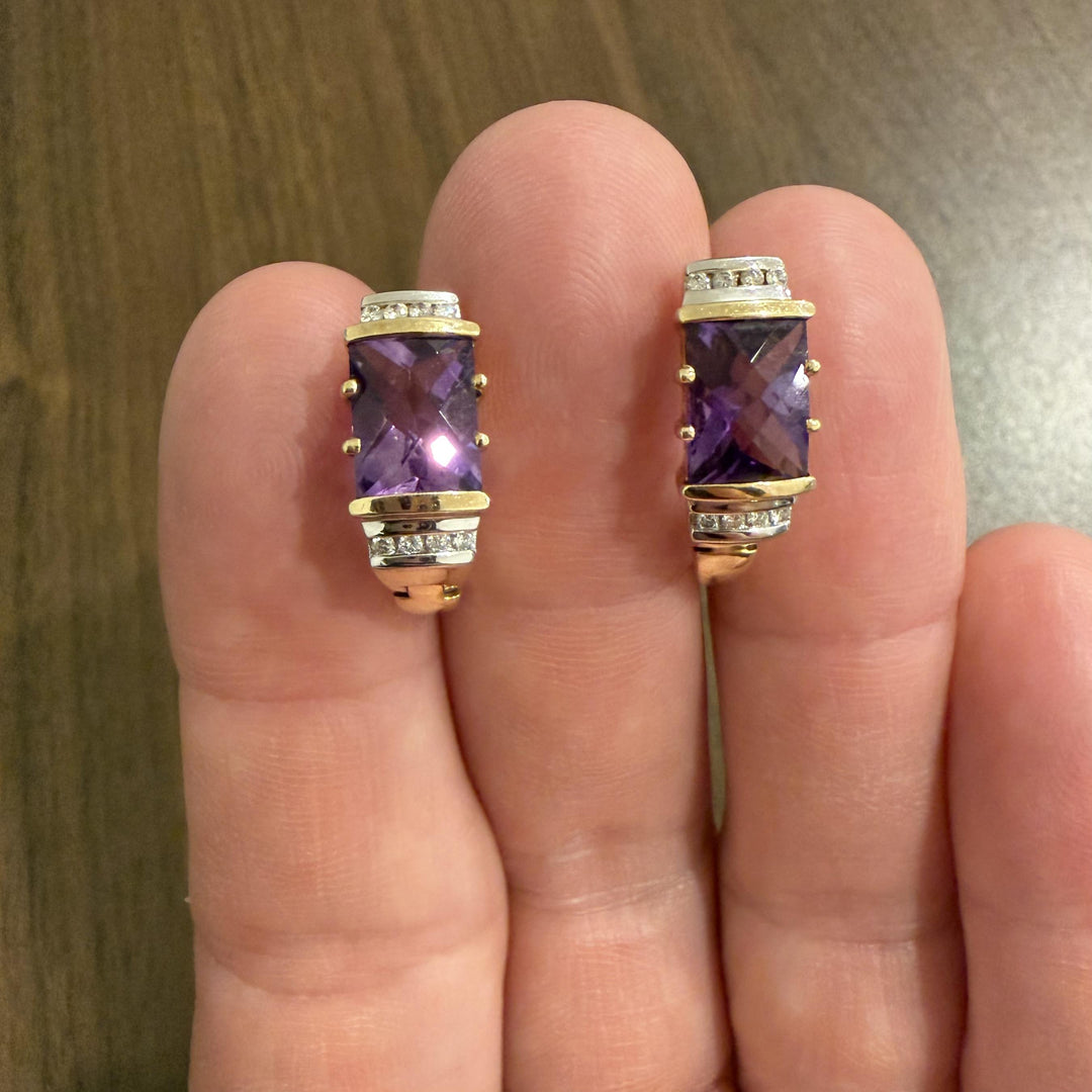 14k Yellow Gold Amethyst and Diamond 7.6g Solid Huggie Earrings