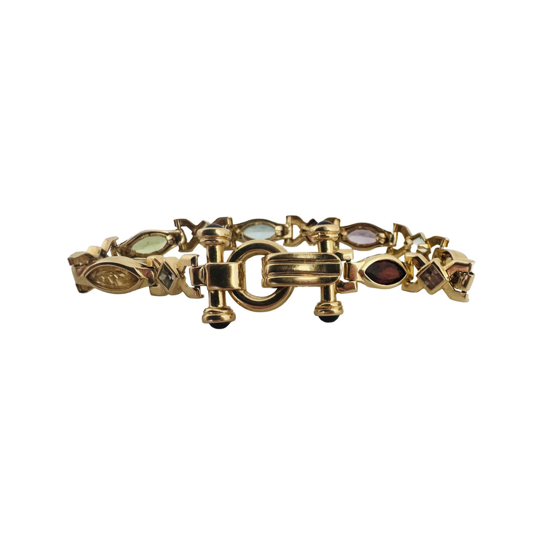 14k Yellow Gold 19.6g Multi Gemstone Heavy Fancy Link Bracelet 7"