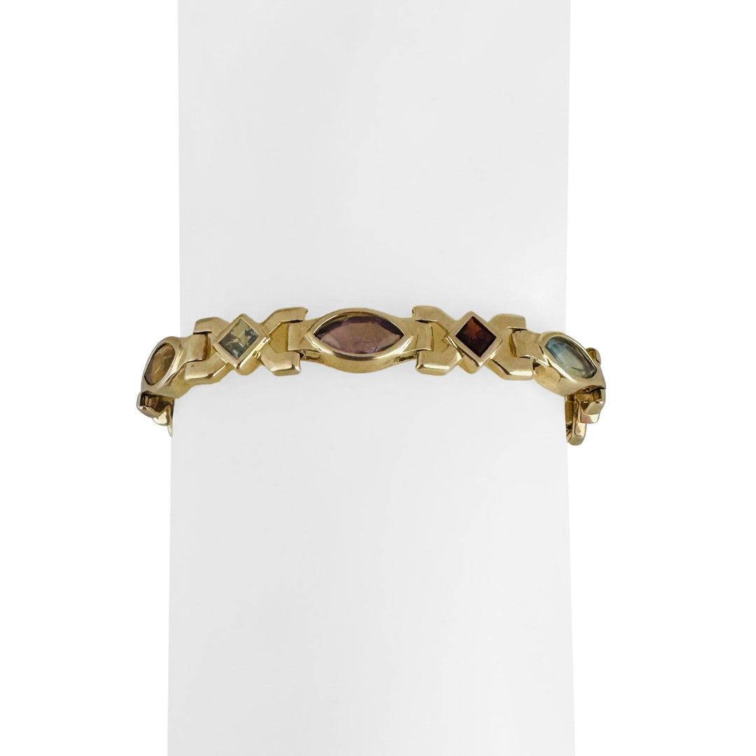 14k Yellow Gold 19.6g Multi Gemstone Heavy Fancy Link Bracelet 7"