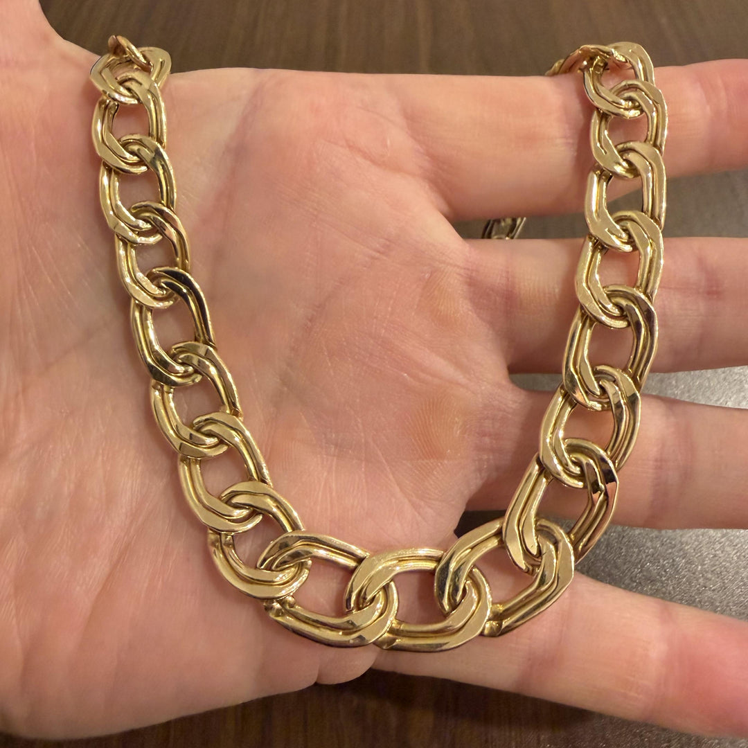 14K Yellow Gold 28.7g Semi Solid Graduated Double Curb Link Necklace Italy 17"
