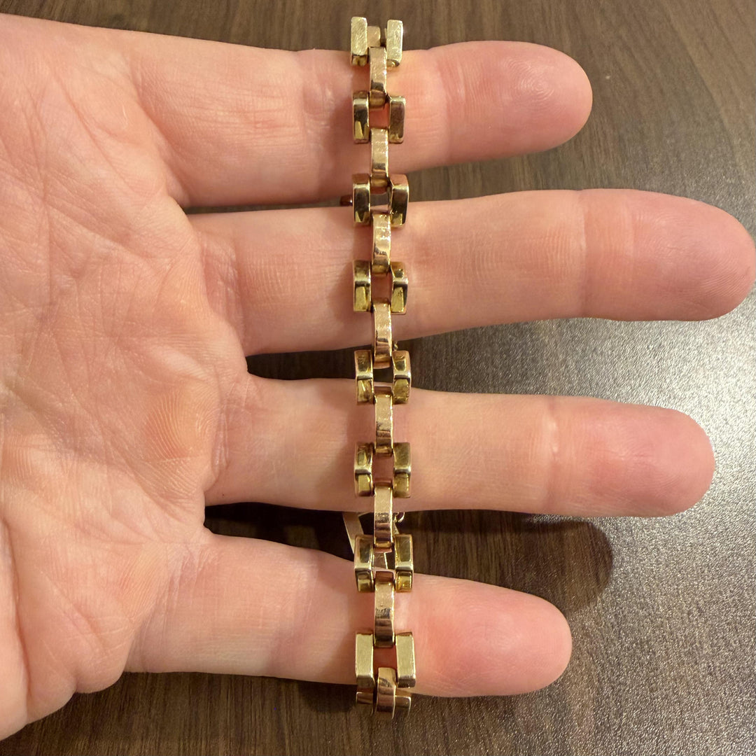 14k Yellow and Rose Gold 18.5g Vintage Geometric Fancy Link Bracelet 6.75"