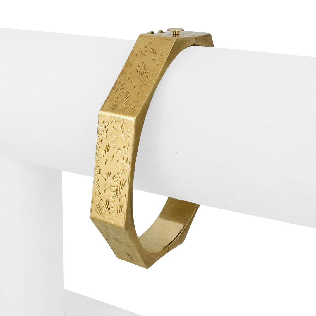 14k Yellow Gold 17.6g Vintage Floral 10mm Octagonal Bangle Bracelet 6.75"