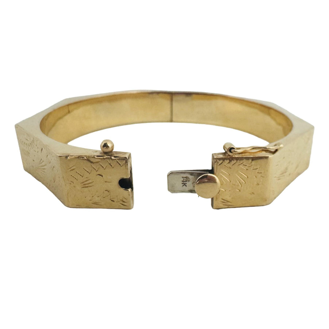 14k Yellow Gold 17.6g Vintage Floral 10mm Octagonal Bangle Bracelet 6.75"