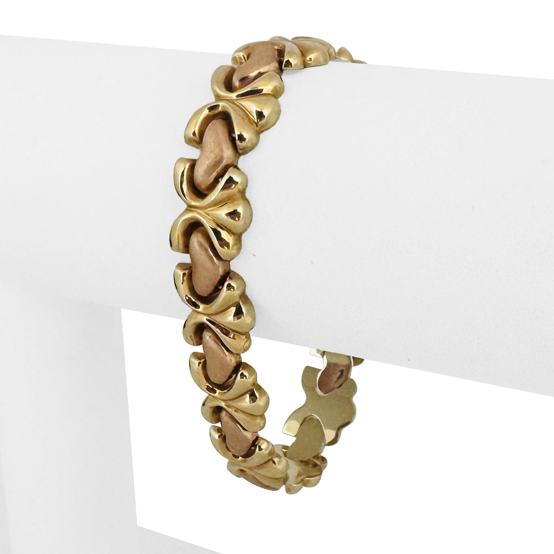 14k Yellow and Rose Gold 17.3g Vintage Fancy Heart Link Bracelet Italy 7"