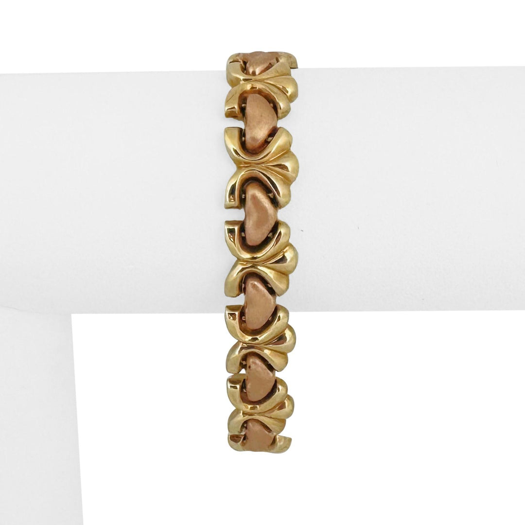 14k Yellow and Rose Gold 17.3g Vintage Fancy Heart Link Bracelet Italy 7"