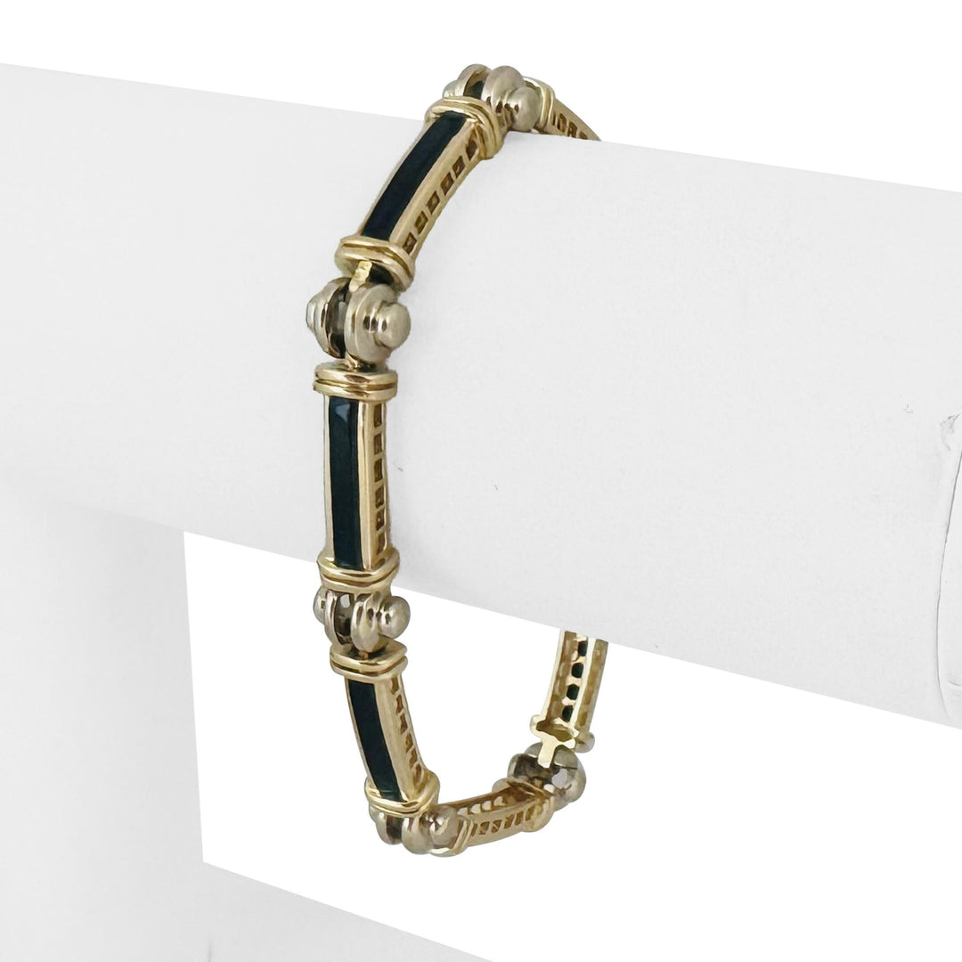 14k Yellow and White Gold Onyx Inlay 23.5g Heavy Bar Link Bracelet 7"
