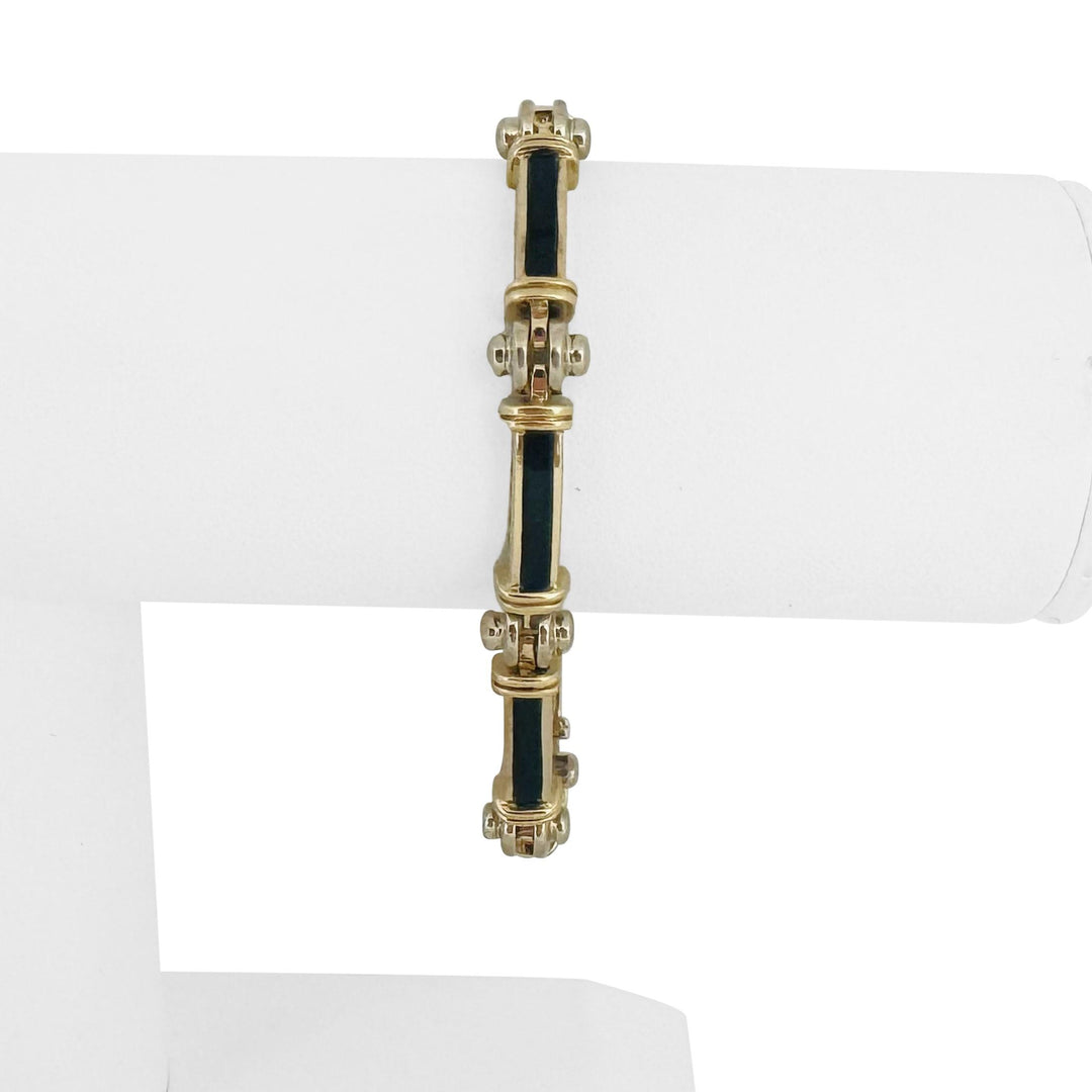 14k Yellow and White Gold Onyx Inlay 23.5g Heavy Bar Link Bracelet 7"