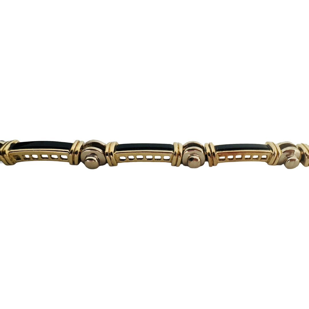 14k Yellow and White Gold Onyx Inlay 23.5g Heavy Bar Link Bracelet 7"