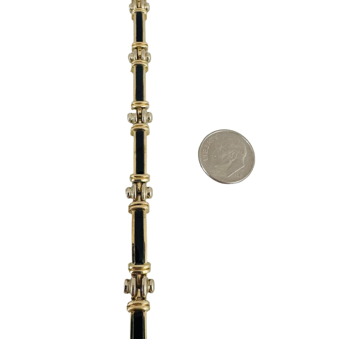14k Yellow and White Gold Onyx Inlay 23.5g Heavy Bar Link Bracelet 7"