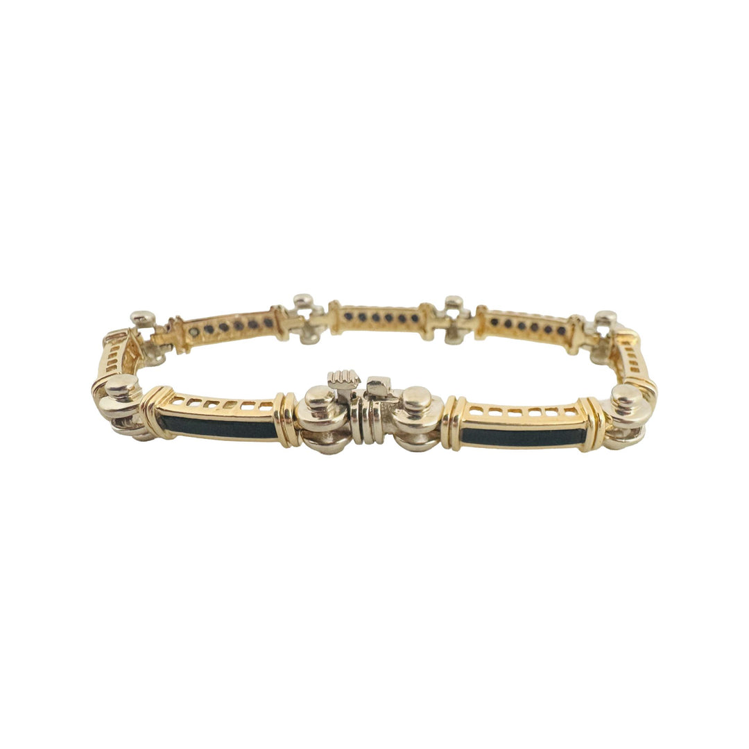 14k Yellow and White Gold Onyx Inlay 23.5g Heavy Bar Link Bracelet 7"