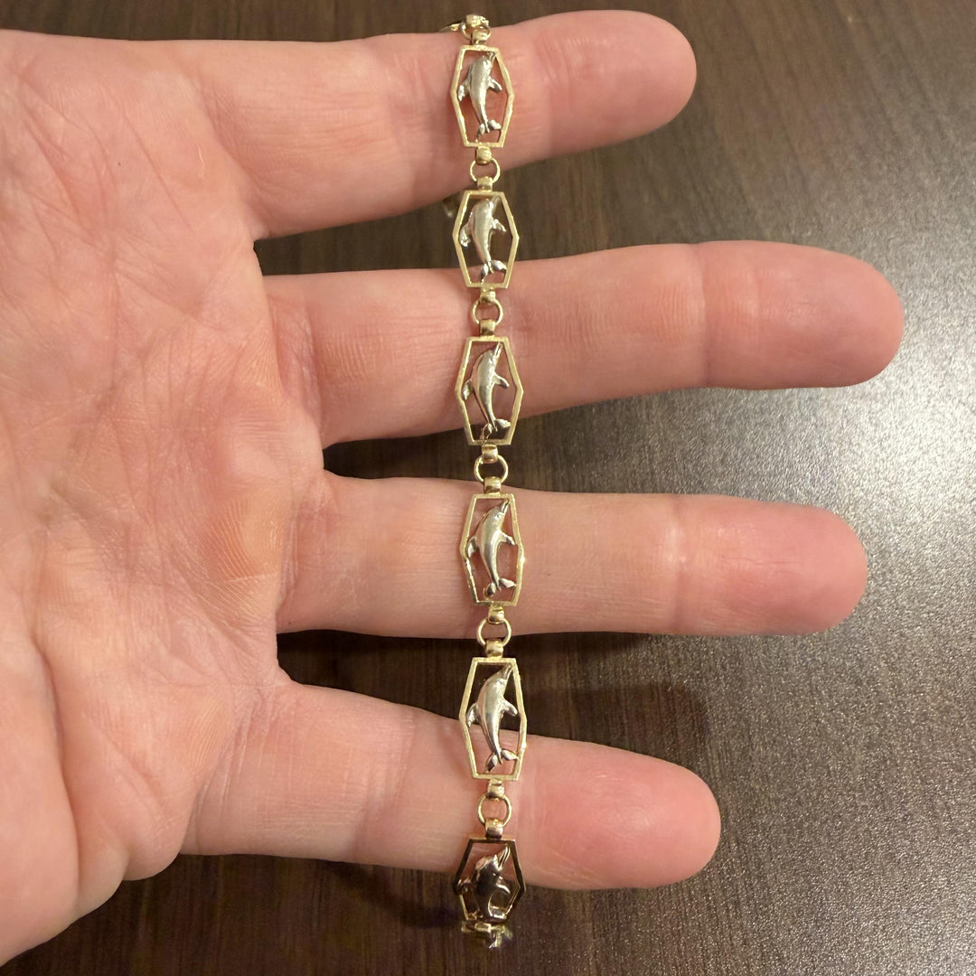 14k Yellow and White Gold 8.8g Ladies Fancy Dolphin Link Bracelet 7.5"