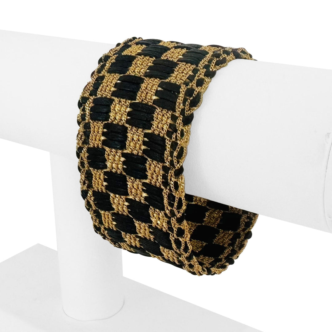 14k Yellow Gold and Leather 34g Vintage Braided Mesh Bracelet Italy 7"