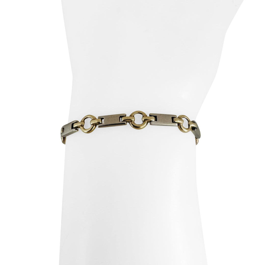 14k Yellow and White Gold 8.6g Ladies Bar and Circle Link Bracelet 7.25"