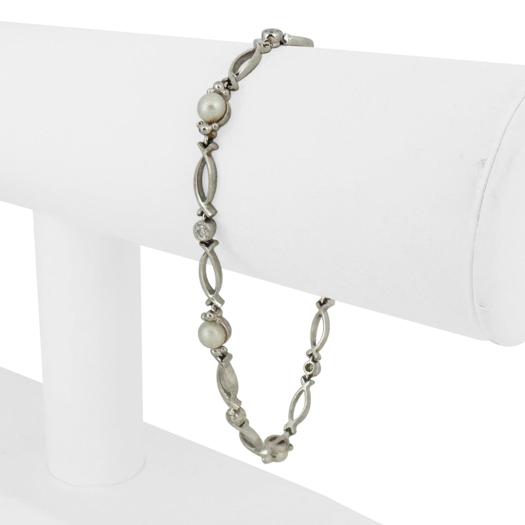 14k White Gold Pearl and Diamond Vintage Link Bracelet 7.5"