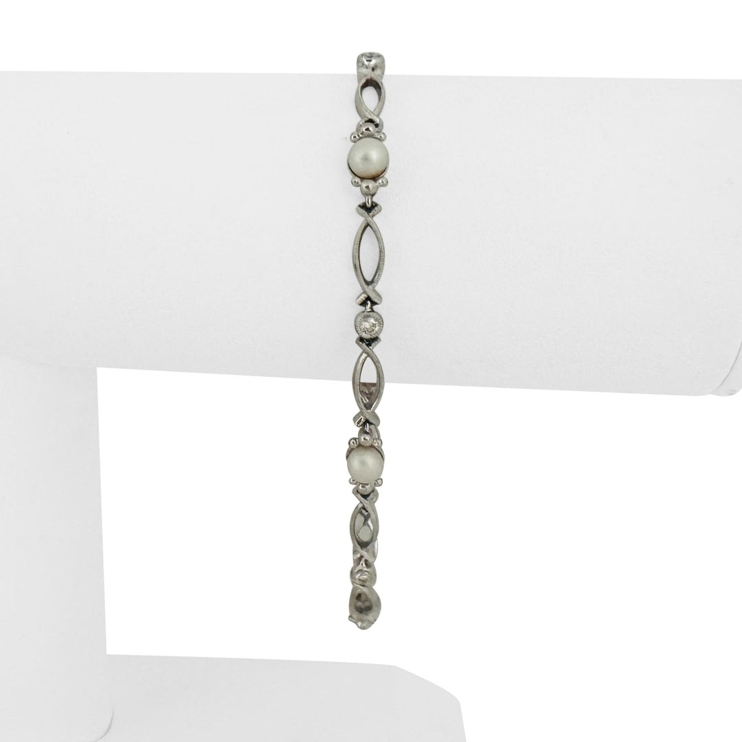 14k White Gold Pearl and Diamond Vintage Link Bracelet 7.5"